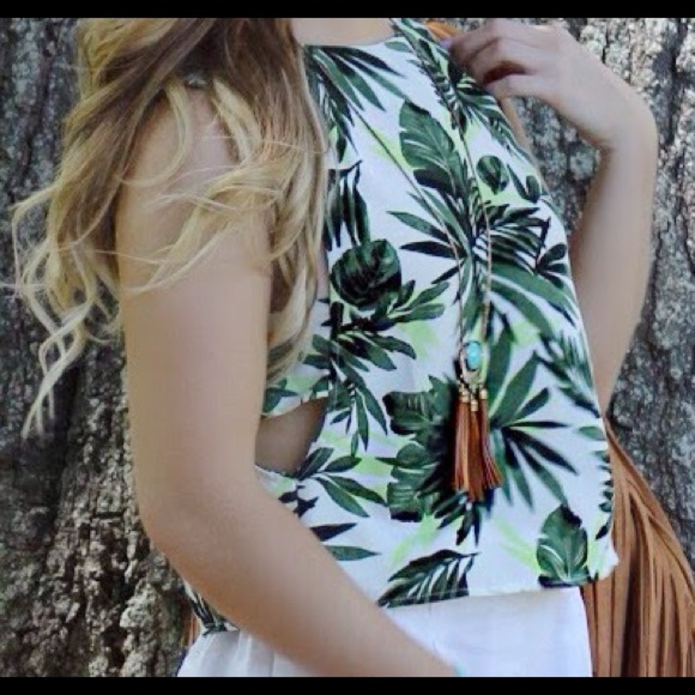 Palm Print Tank Top with Cutouts